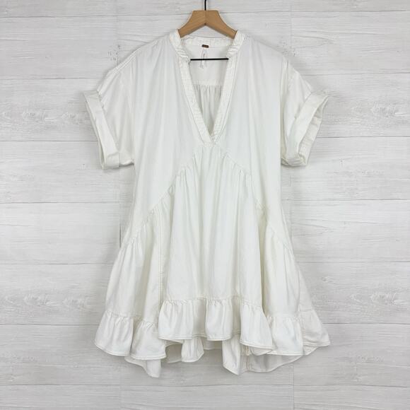 Free People Agnes Ivory Denim Dress Small Ruffled Pleated Tiered Boho Oversized - Picture 1 of 15